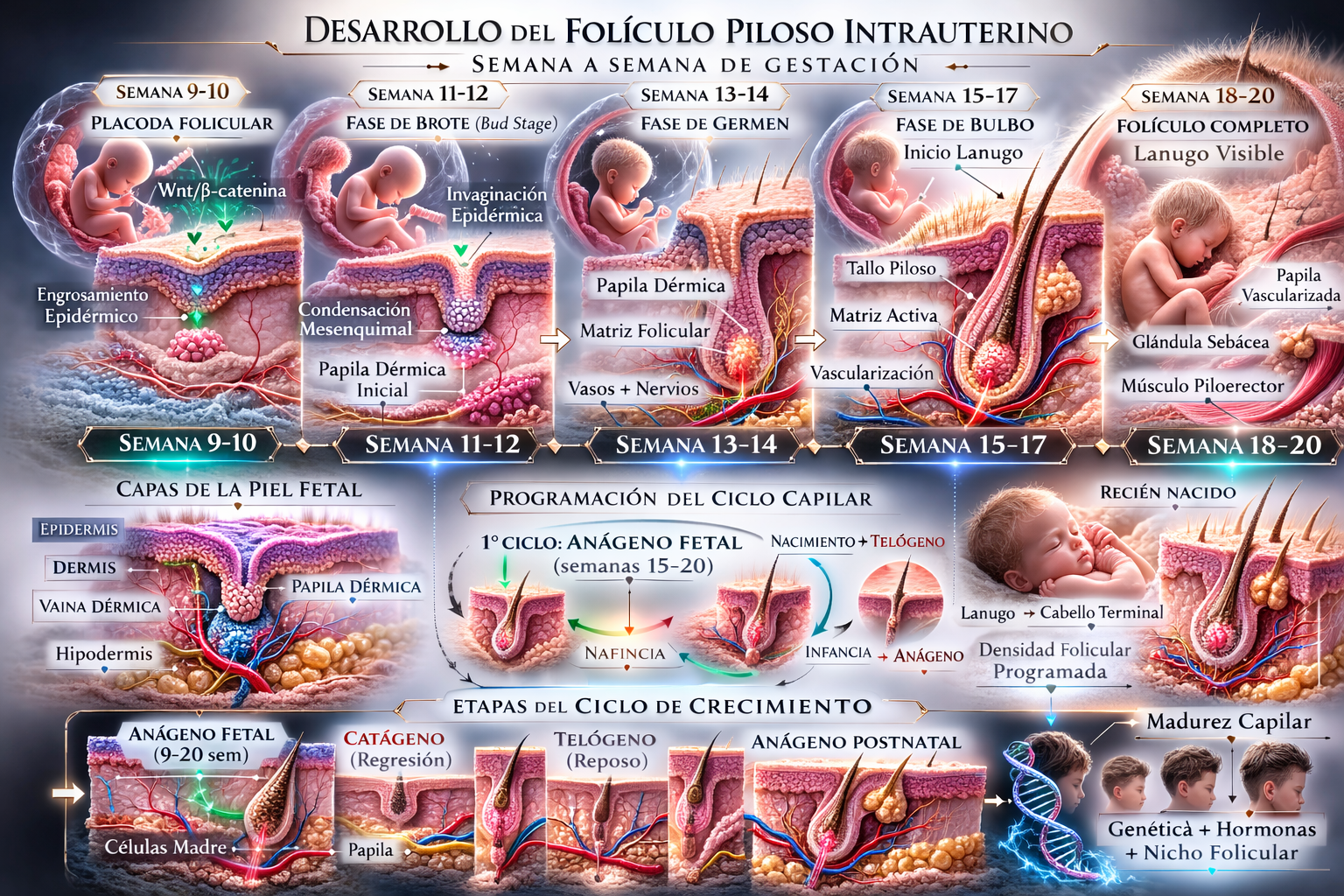 Read more about the article Embriología del folículo piloso humano: del origen embriofetal al nacimiento. Revisión Bibliográfica. Dra. Alexandra Espinal-Dermatricóloga