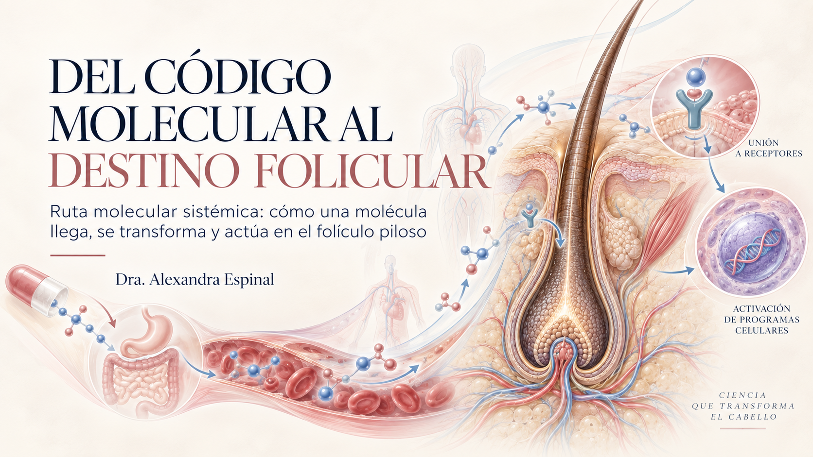 You are currently viewing Ruta molecular sistémica: cómo una molécula llega, se transforma y actúa en el folículo piloso. Revisión bibliográfica. Dra. Alexandra Espinal. Dermatricóloga y Cirujana de Restauración Capilar